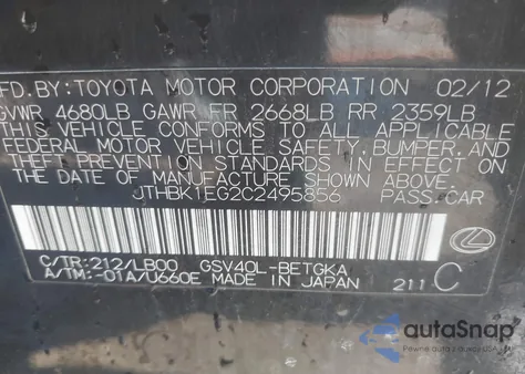 2012 Lexus Es 350 from USA, damaged, VIN JTHBK1EG2C2495856